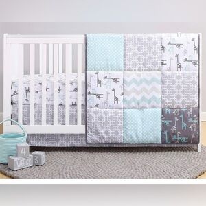 Uptown Giraffe Geometric Patchwork Bab 3pc crib bedding set by The Peanut Shell